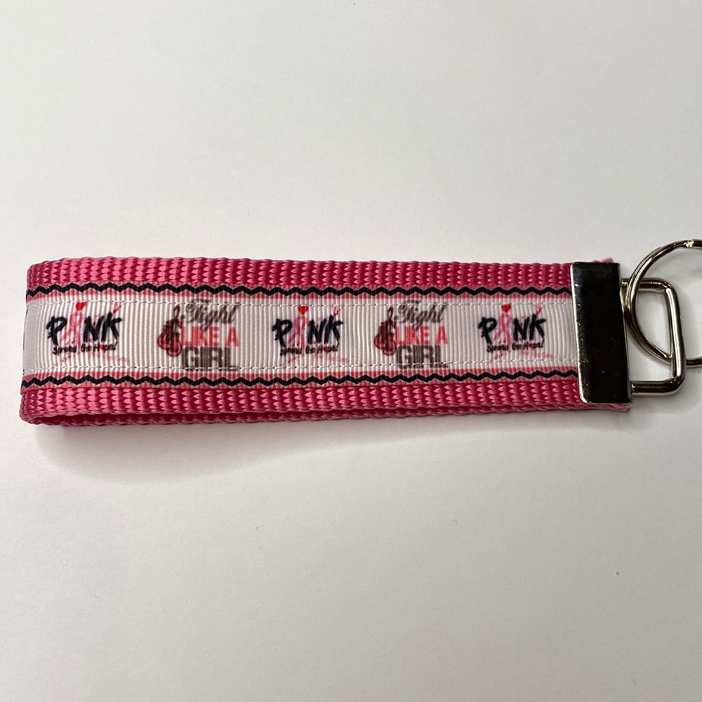 Fight Like a Girl pink ribbon breast cancer awareness keychain wristlet key fob